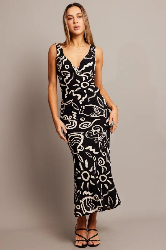 Black Abstract Slip Dress Maxi