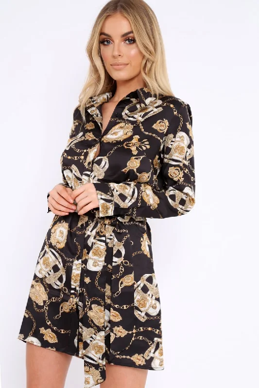 Black and Gold Chain Print Shirt Dress - Pollyann