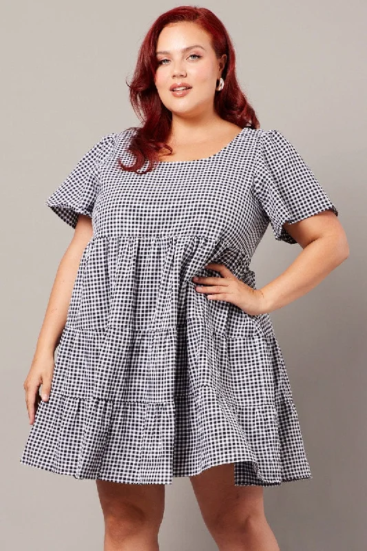 Black Check Smock Dress Flare Sleeve Tiered Round Neck