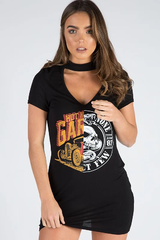 Black Choker Neck Cut Out Slogan T-Shirt Dress - Sophie