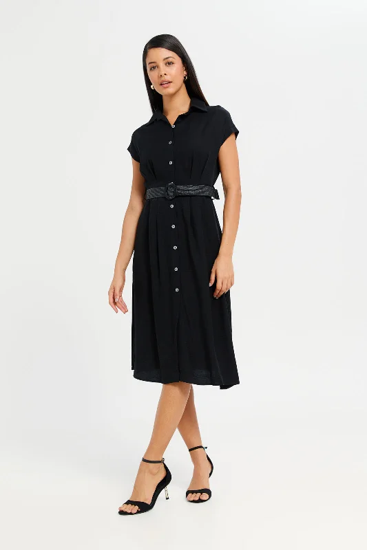 Women Black Belted Shirt Dress