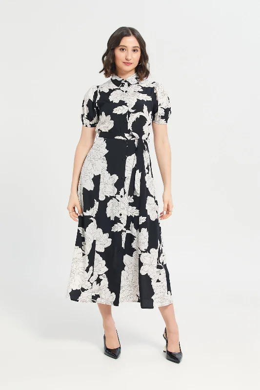 Women Black Printed Peasant Shirt Dress