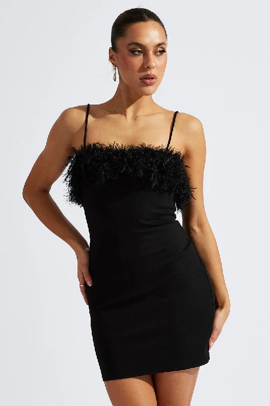 Black Faux Feather Trim Bodycon Strappy Mini Dress