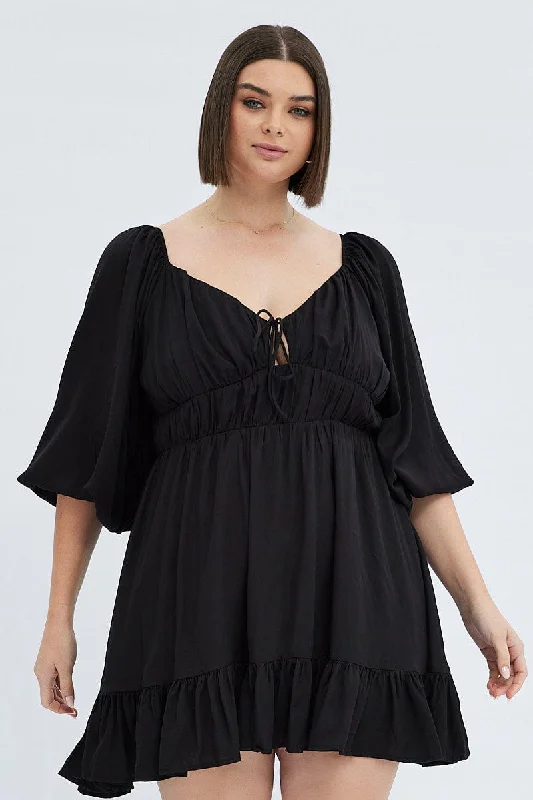 Black Fit And Flare Dress 3/4 Sleeve Tiered Cut Out