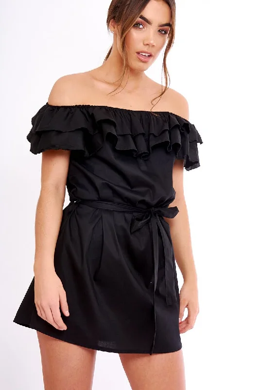 Black Frill Bardot Tie Waist Shirt Dress - Ally