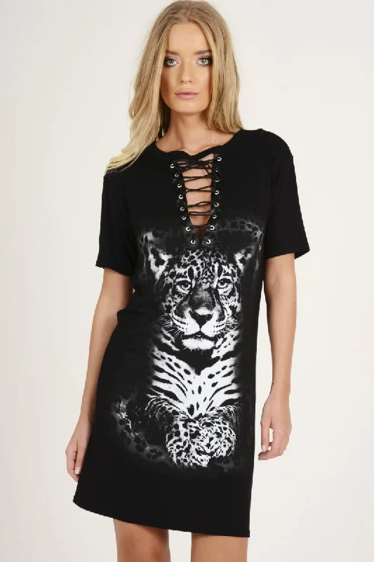 Black Lace Up Tiger T-shirt Dress - Mali