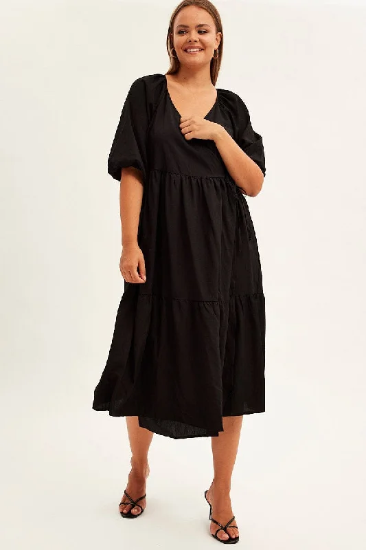 Black Maxi Dress Wrap Short Sleeve