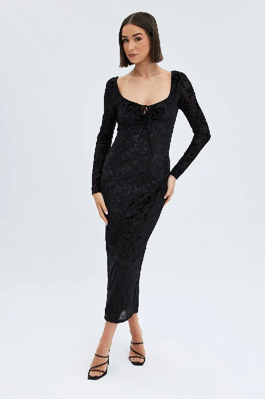 Black Midi Dress Long Sleeve Bodycon Mesh