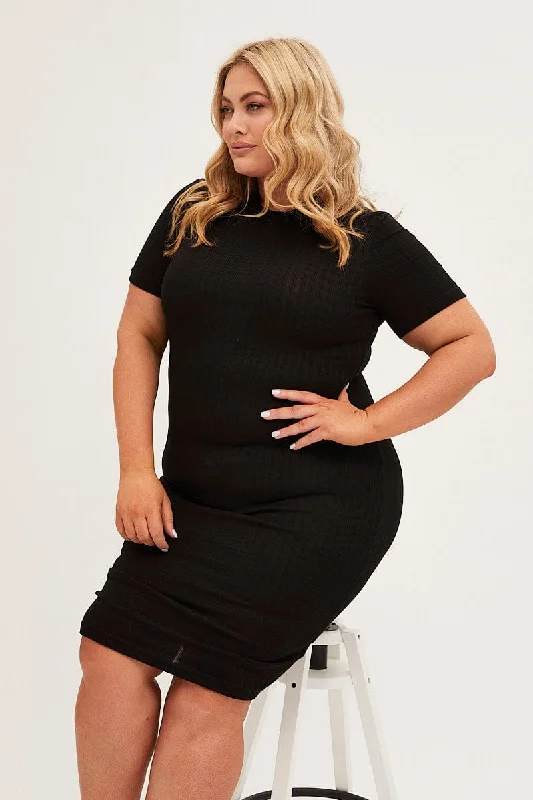 Black Midi Dress Short Sleeve Rib Jersey Bodycon