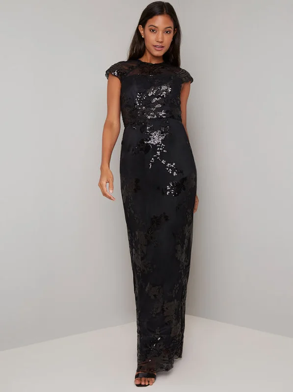 Black Sequin Embellished Fish Tail Maxi Dress