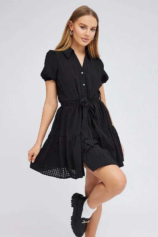 Black Shirt Dress Short Sleeve Tiered