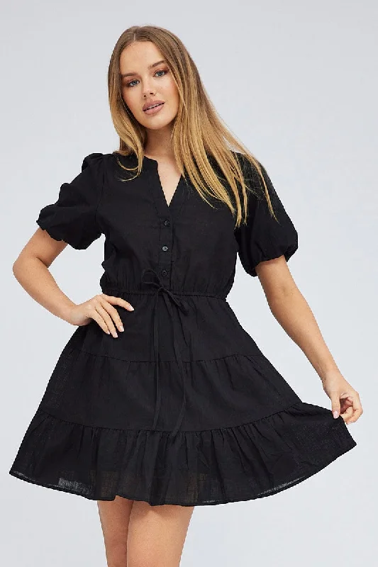 Black Shirt Dress Short Sleeve Tiered