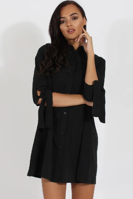 Black Suede Tie Cuff Oversized Shirt Dress - Deborah