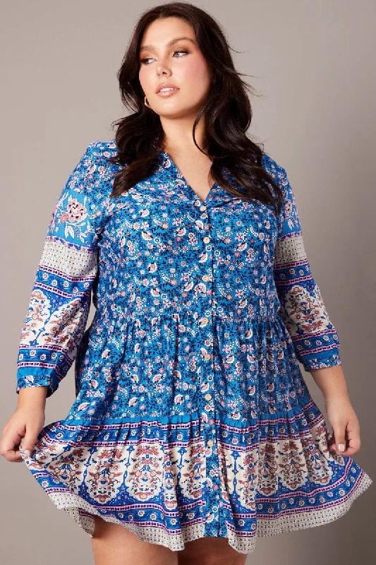 Blue Boho Button Through Shirtdress