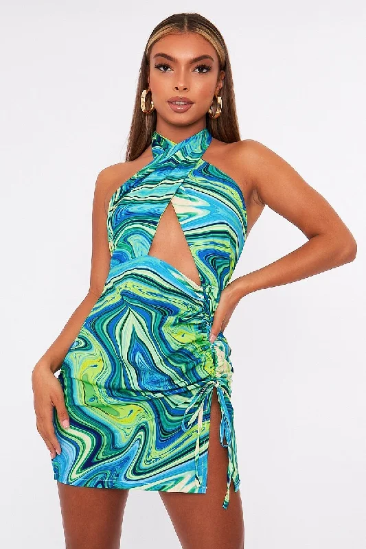 Blue Marble Halter Neck Cut Out Ruched Mini Dress - Oliviyah