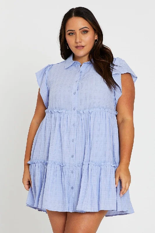 Blue Short Frill Sleeve Textured Frill Black Shirtdress