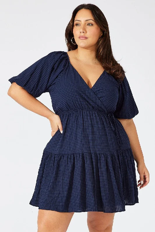 Blue Textured Cotton Wrap Frill Minidress