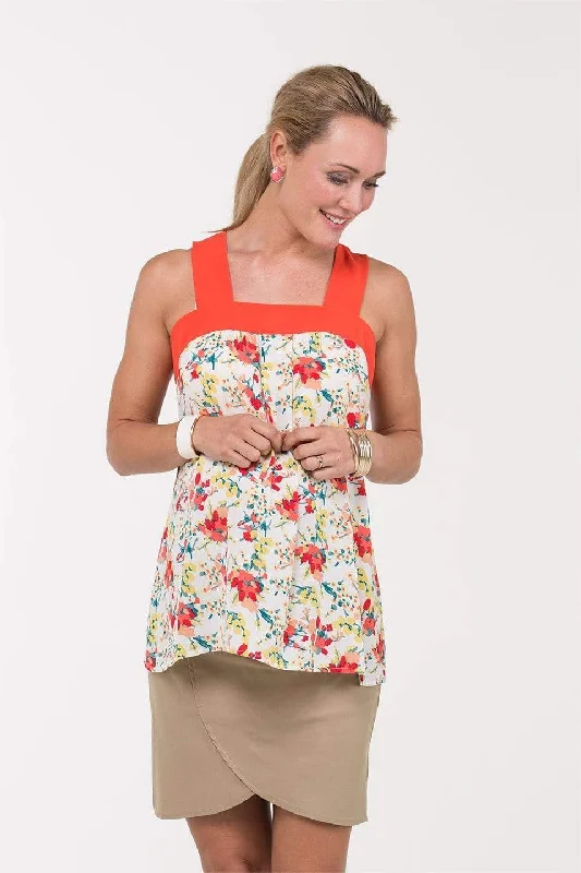 Woven Sleeveless Binnie Flare Top Orange Floral