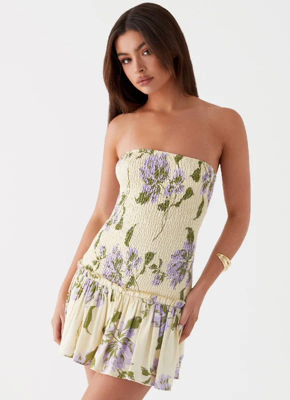 Break From Toronto Linen Mini Dress - Yellow Purple Floral