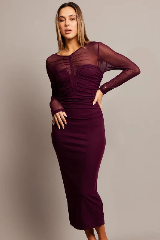 Brown Bodycon Dress Long Sleeve Mesh