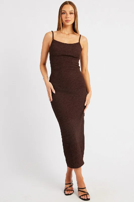 Brown Bodycon Dress Singlet Textured Midi