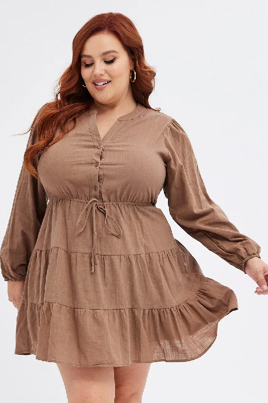 Brown Shirt Dress Long Sleeve V-neck Tiered