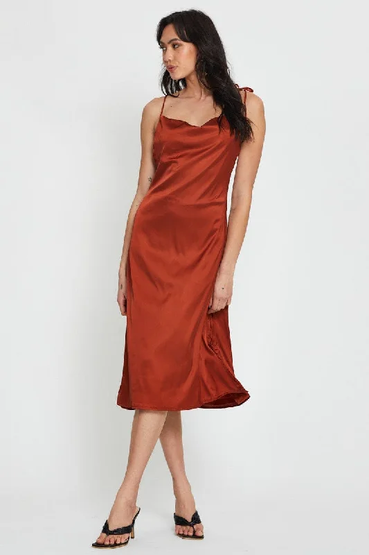 Brown Slip Dress Maxi Satin