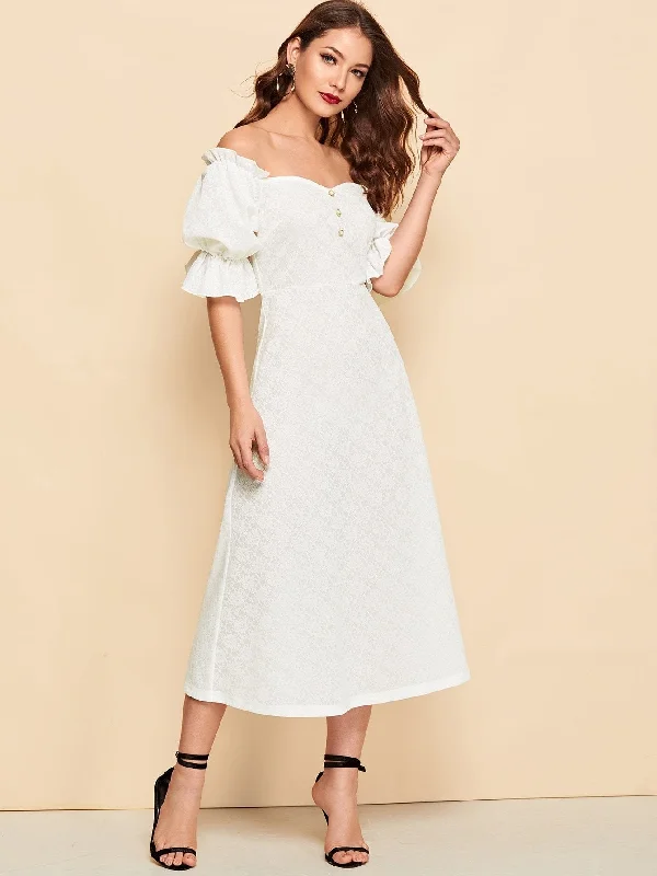 Button Front Ruffle Puff Sleeve Flare Bardot Dress