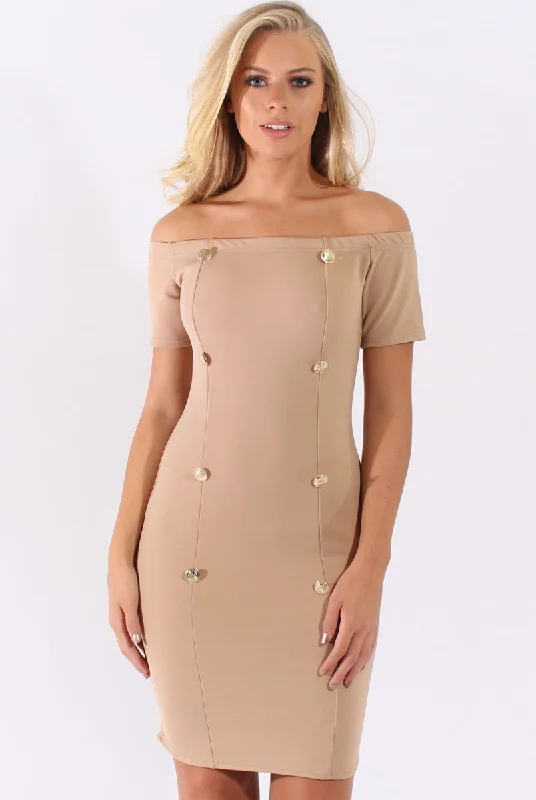 Camel Bardot Bodycon Button Detail Dress - Wallis