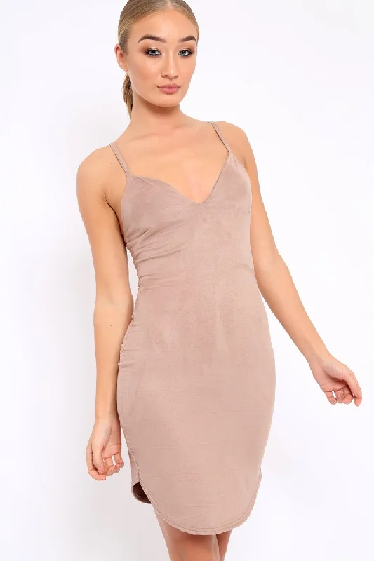 Camel Suedette Curved Hem Bodycon Dress - Henley