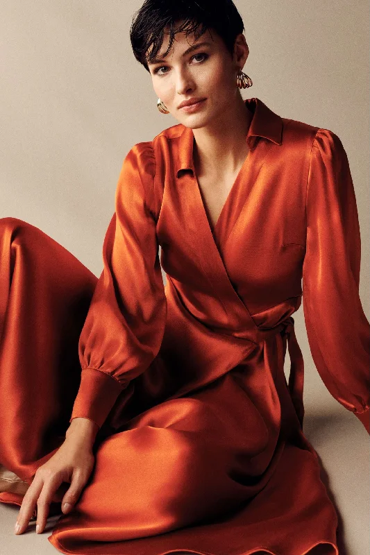 Copper Orange Satin Shirt Dress