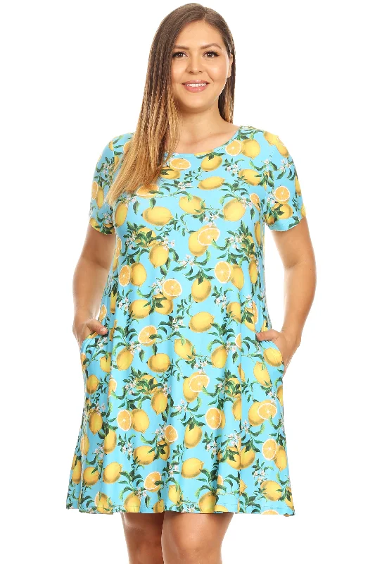 Plus Size Refreshing Lemon Print Short Sleeve Fit and Flare Dress