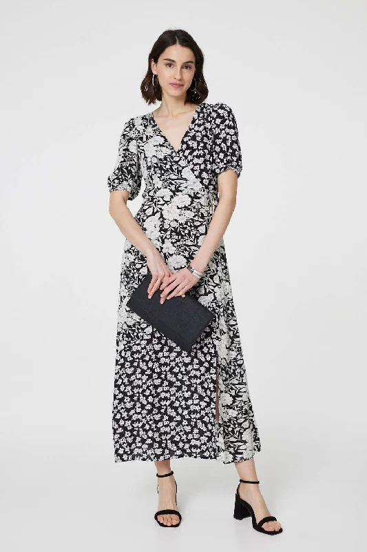 Floral 1/2 Sleeve Midi Wrap Dress