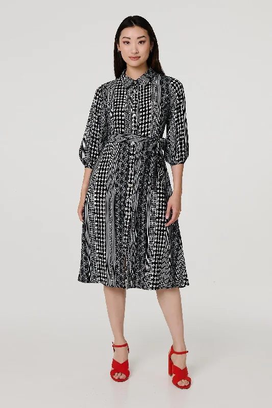 Striped 3/4 Sleeve Tie Waist Midi Shirt Dress