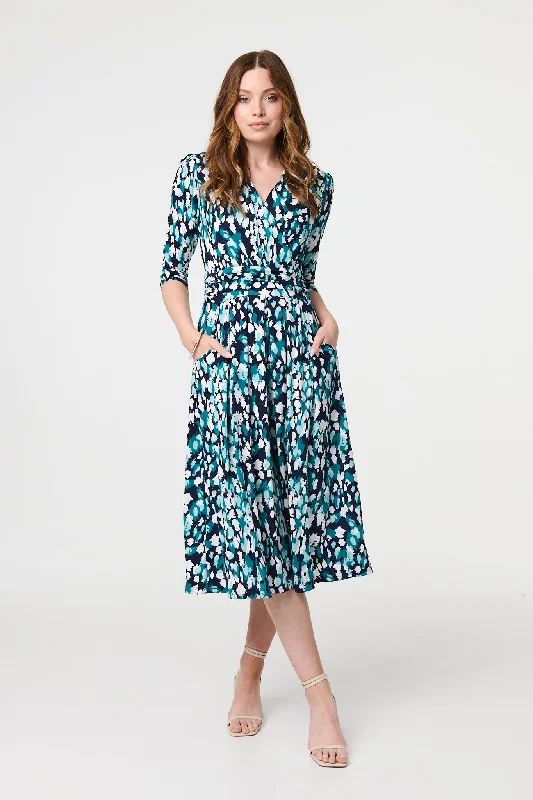 Printed 3/4 Sleeve V-Neck Midi Wrap Dress