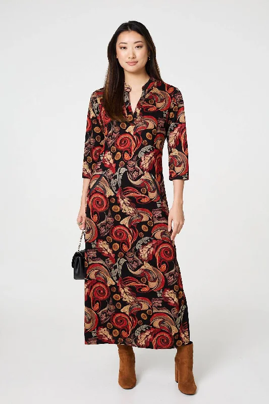 Abstract 3/4 Sleeve Maxi Shift Dress