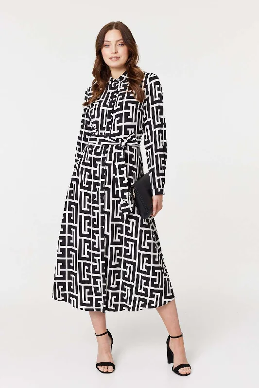 Printed Tie Waist Midi Shirt Dress