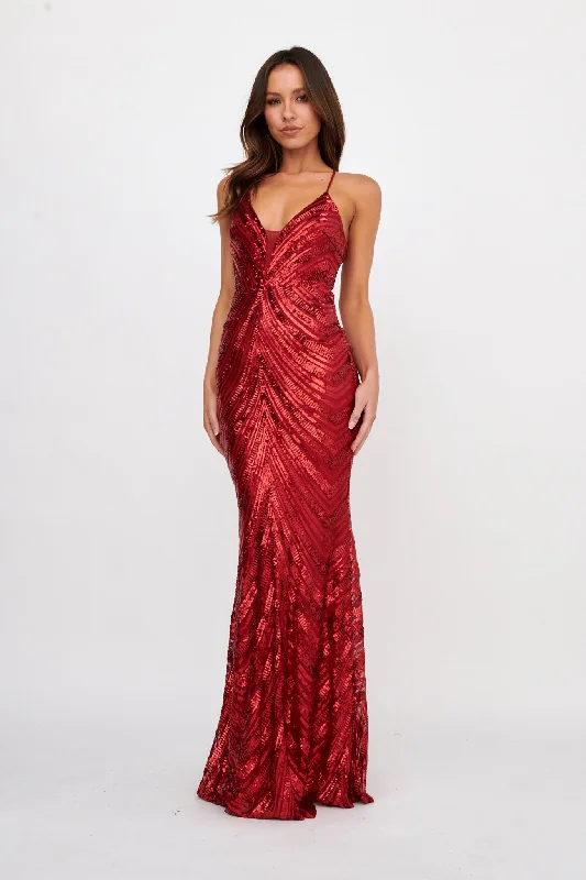 Dalila Open Tied Back Sequin Maxi Dress Red