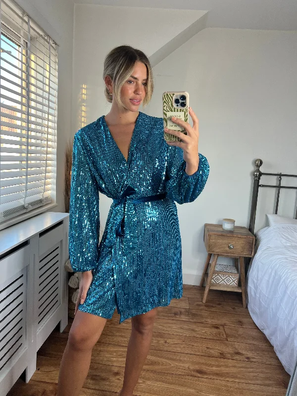 Dani Sequin Wrap Dress / Peacock Blue