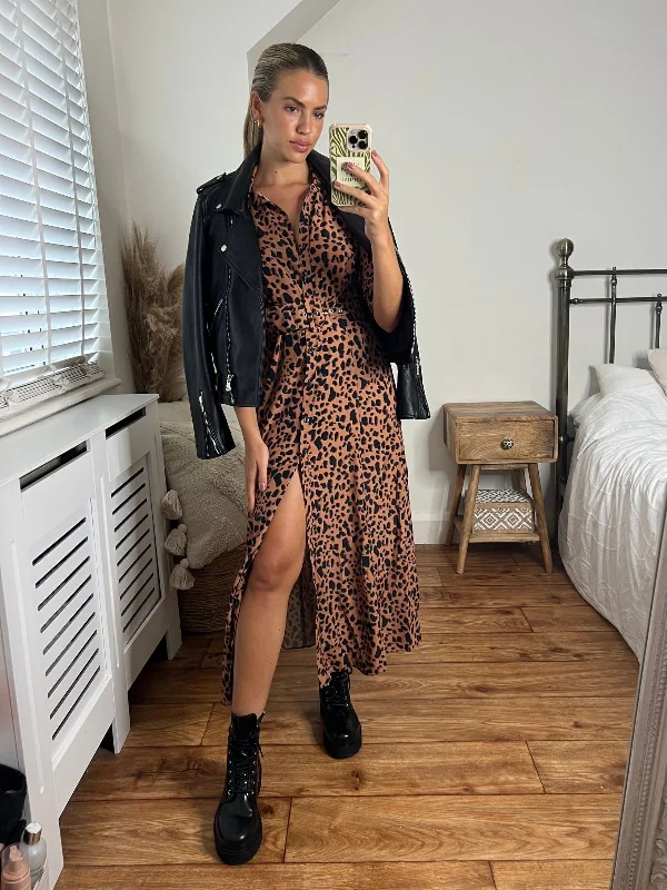 Daphne Belted Shirt Dress / Brown and Black Animal Print