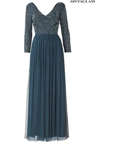 Dark Teal Beaded Longsleeve Maxi Dress