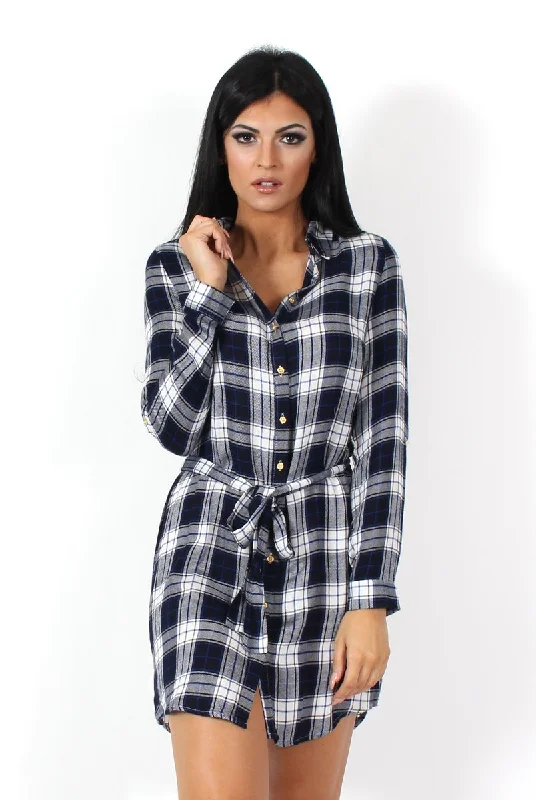 Darla Navy And White Checked Shirt Dress