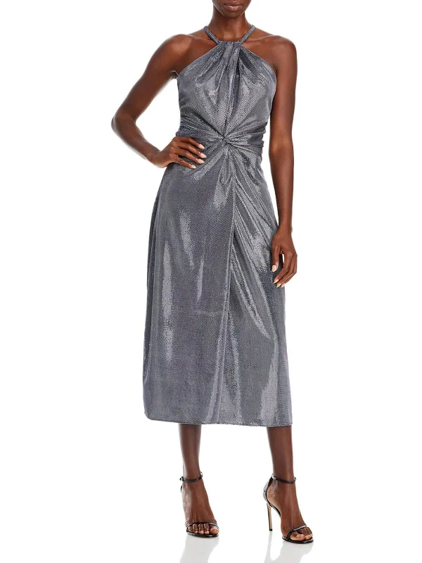 Dina Womens Metallic Halter Cocktail and Party Dress