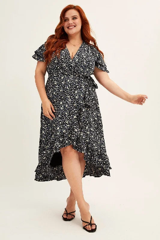 Ditsy Print Short Sleeve Frill Hem Wrap Dress