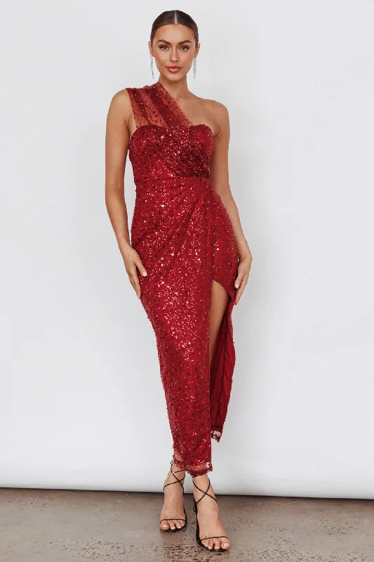 Doniella One-Shoulder Split Sequin Maxi Dress Wine