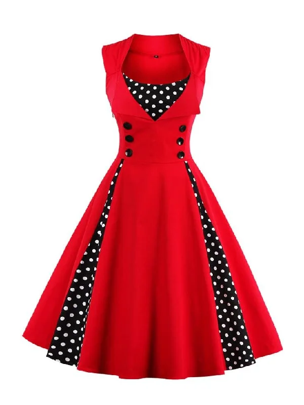 Double-breasted Contrast Polka Dot Flare Dress