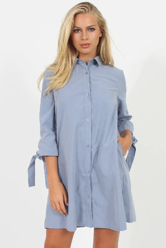 Dusky Blue Suede Tie Cuff Oversized Shirt Dress - Deborah