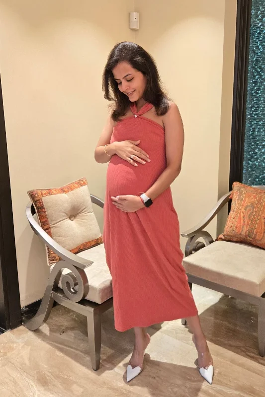 Effortless Melon Ribbed Maternity Fitted Dress