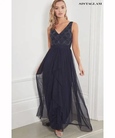 Embellished V-Neck Maxi Dress Navy