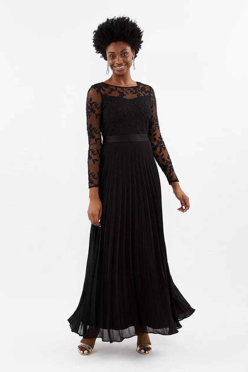 Embroidered Long Sleeve Maxi Dress Black